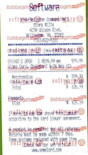 $624 Obsidian2 X-24 receipt from 1998