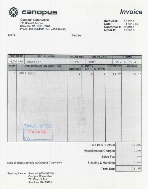 Canopus "Pure Kool" fan invoice