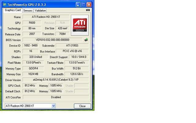 ATi Radeon HD 2900 XTX PCI-E 1024MB 512Bit GDDR4 Rev.A12 0646 GPUZ specs + Cat 9.4