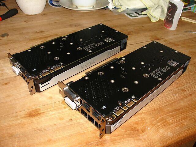 Both EVGA GTX 680 SC Sigs cleaned rear angled